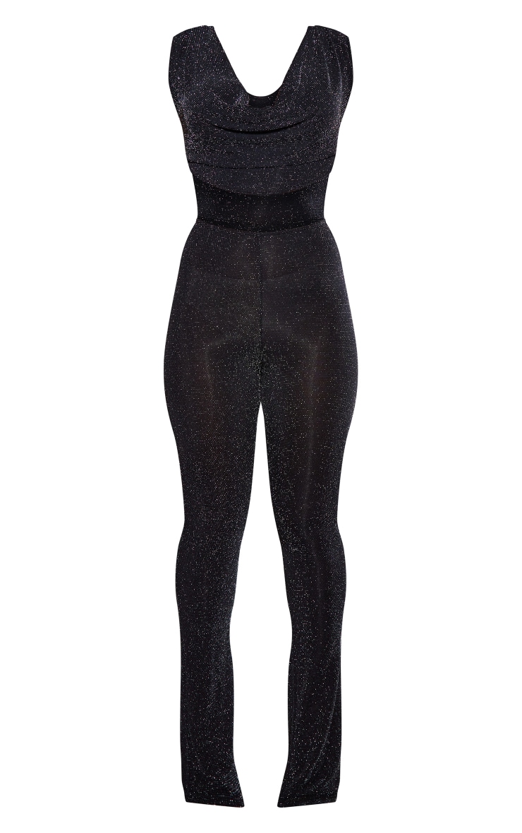Black Glitter Cowl Neck Cut Out Flared Jumpsuit image 5