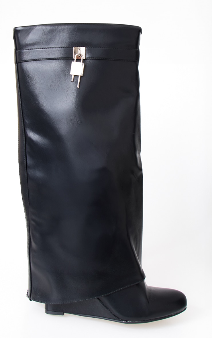 Black PU Point Toe Fold Over Lock Charm Wedge Heeled Knee Boots image 3