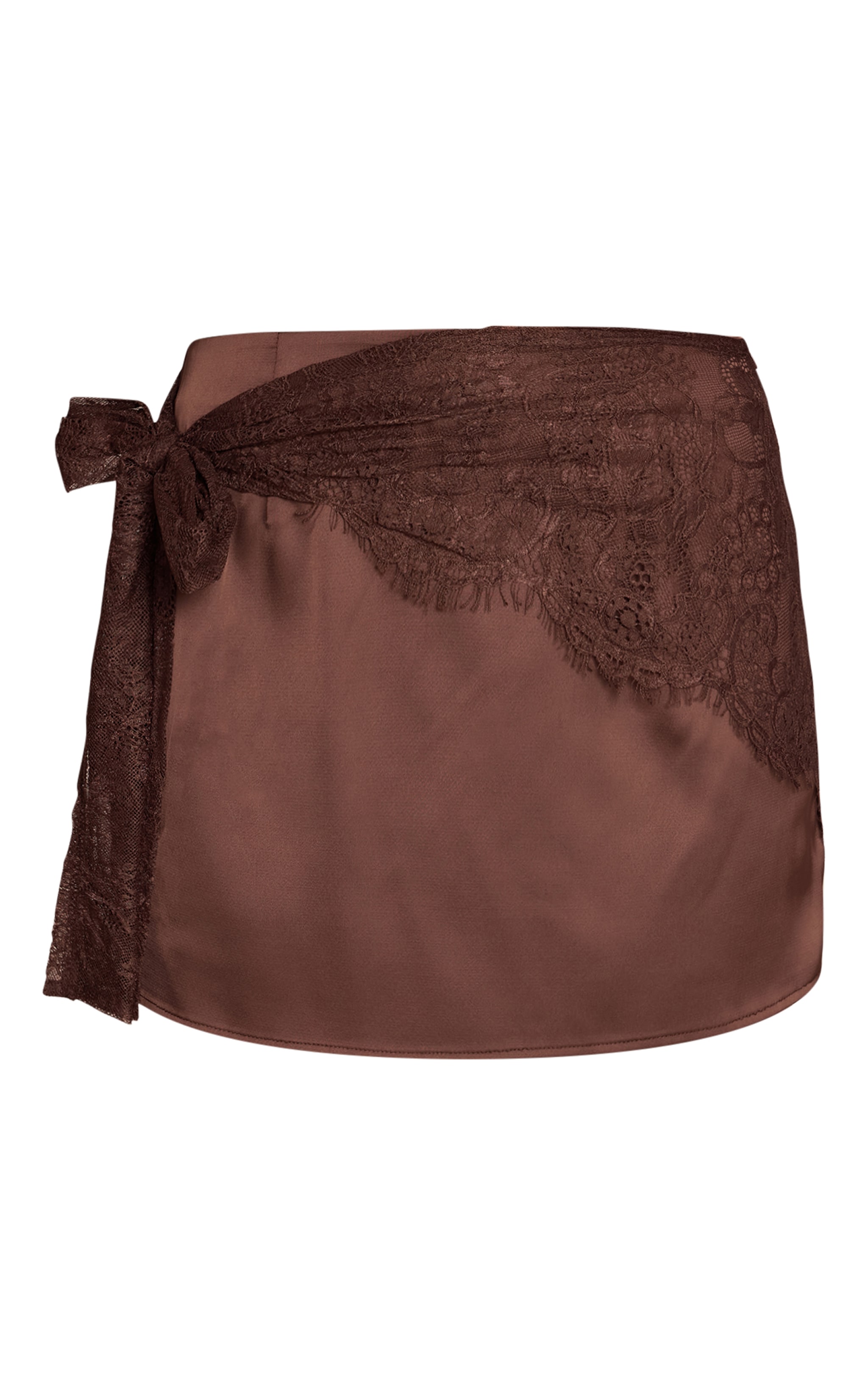 Chocolate Lace Wrap Detail Satin Mini Skirt image 6