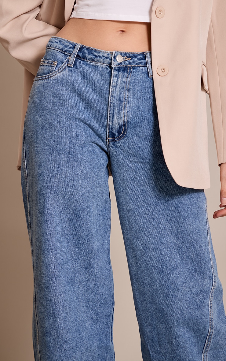 Mid Blue Relaxed Mid Rise Seam Detail Wide Leg Jeans image 4