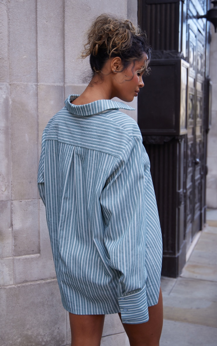 Light Blue Oversized Pinstripe Cuff Shirt image 2