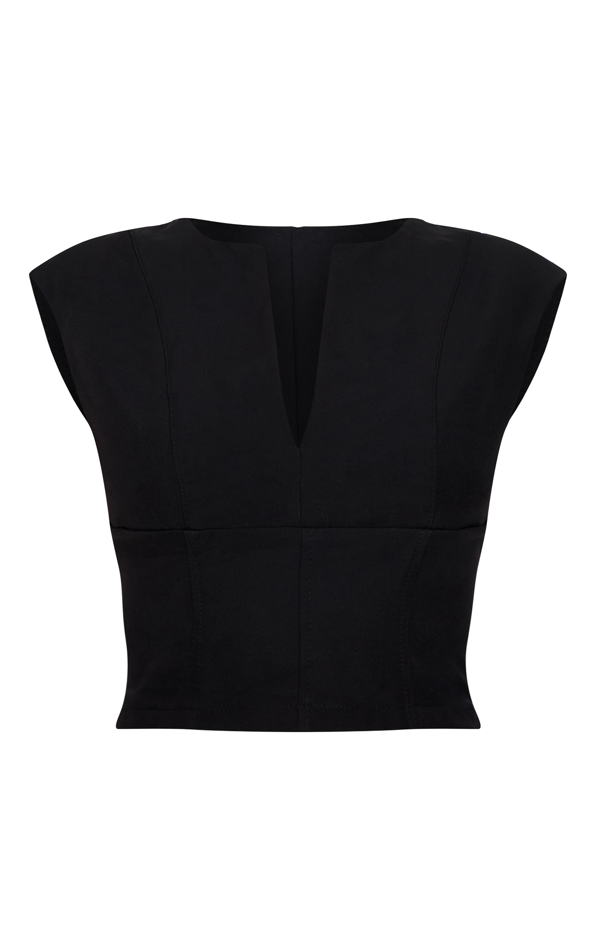 Black Tailored Woven Plunge Cap Sleeve Cinched Waist Long Top image 5
