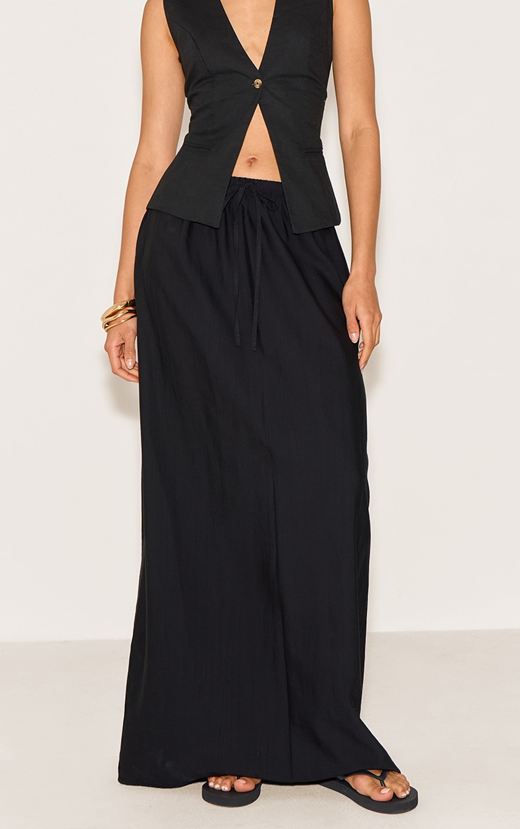 Black Textured Draw String Maxi Skirt image 2