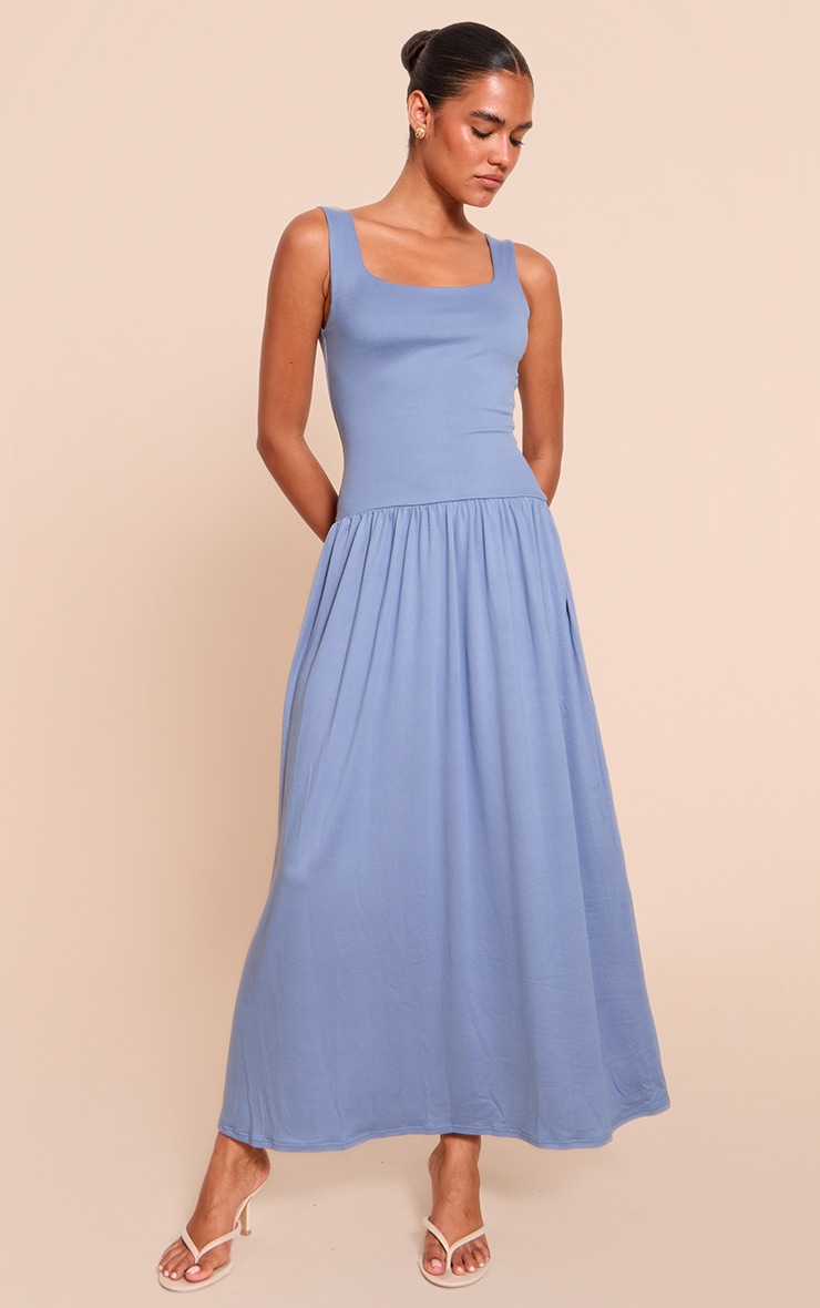 Blue Double Contour Scoop Neck Drop Waist Maxi Dress image 3