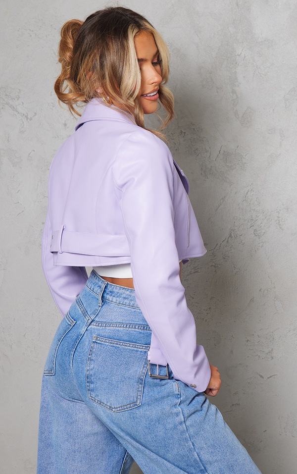 Lilac Faux Leather Super Cropped Belted Biker Jacket image 2