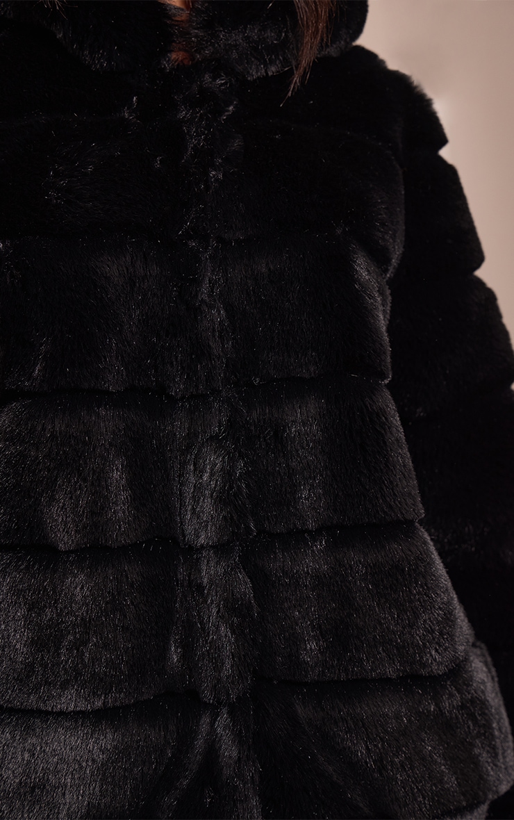 Petite Black Faux Fur Hooded Oversized Coat image 4