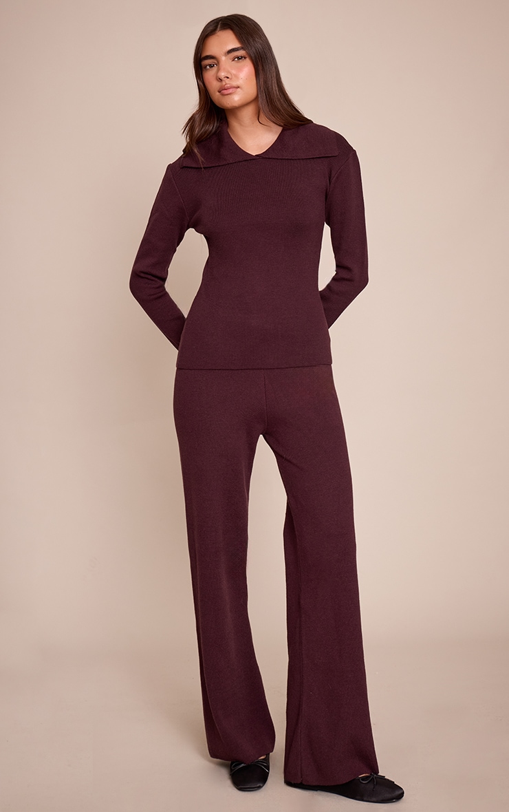 Chocolate Ribbed Knitted Wide Leg Pants image 1