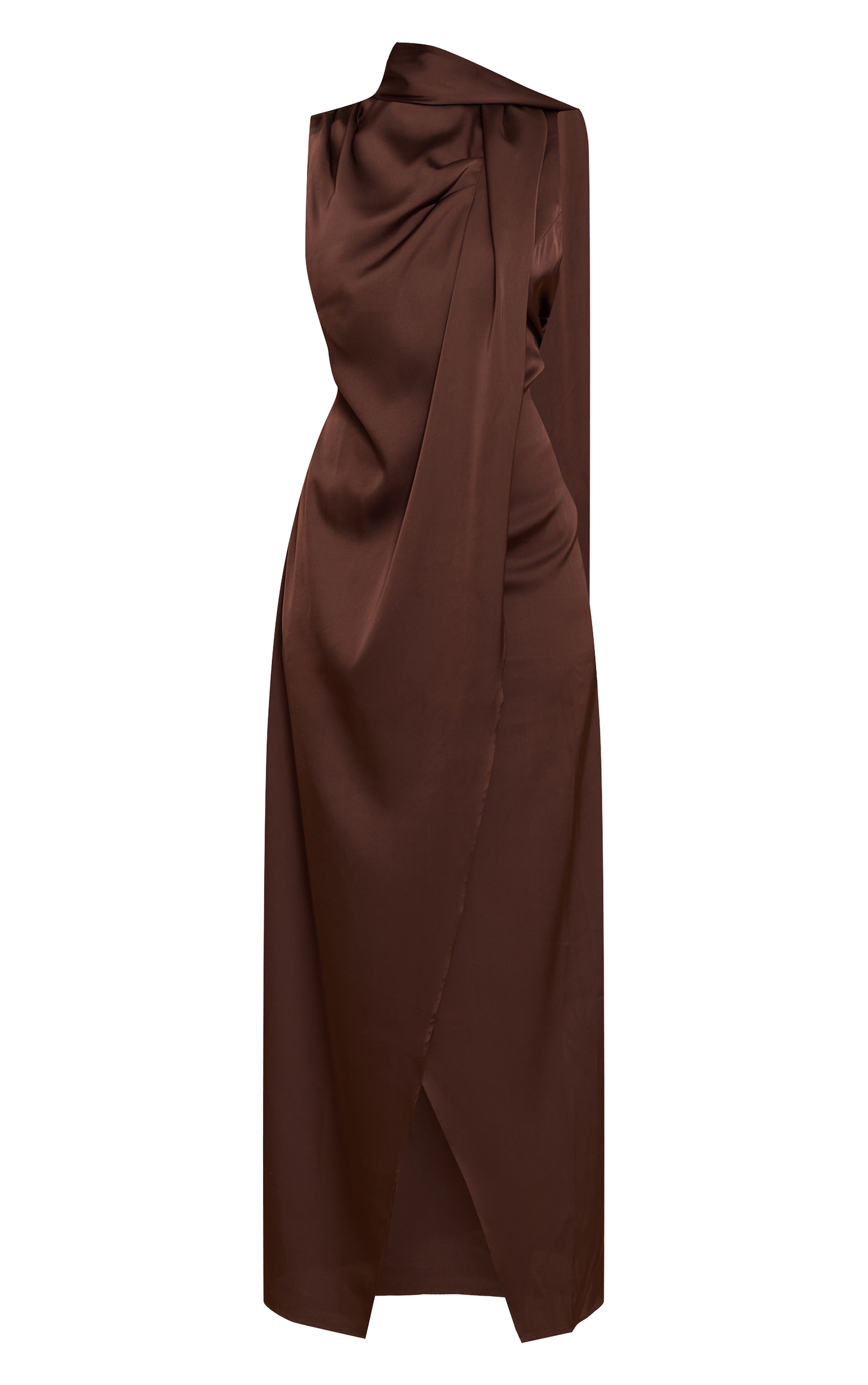 Robe longue satinée chocolat à détail foulard image 5