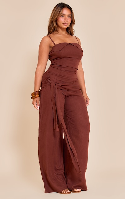Shape Chocolate Linen Look Knot Detail Trousers