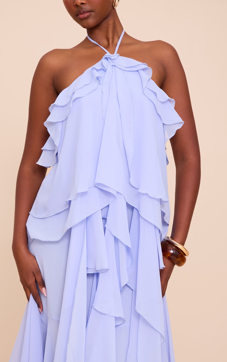 Light Blue Chiffon Frill Halterneck Floaty Maxi Dress image 4