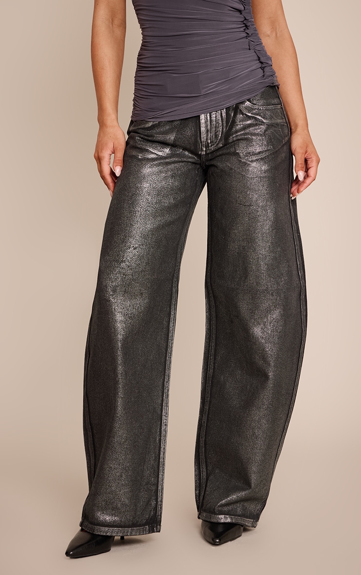 Black Metallic Coated Mid Rise Barrel Jeans image 2