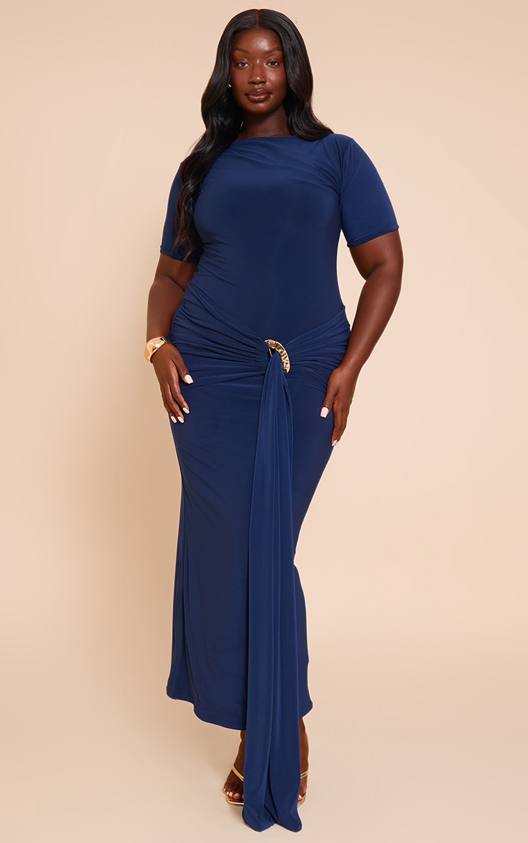 Plus navy Boat Neck Wrap Waist Detail Maxi Dress image 1