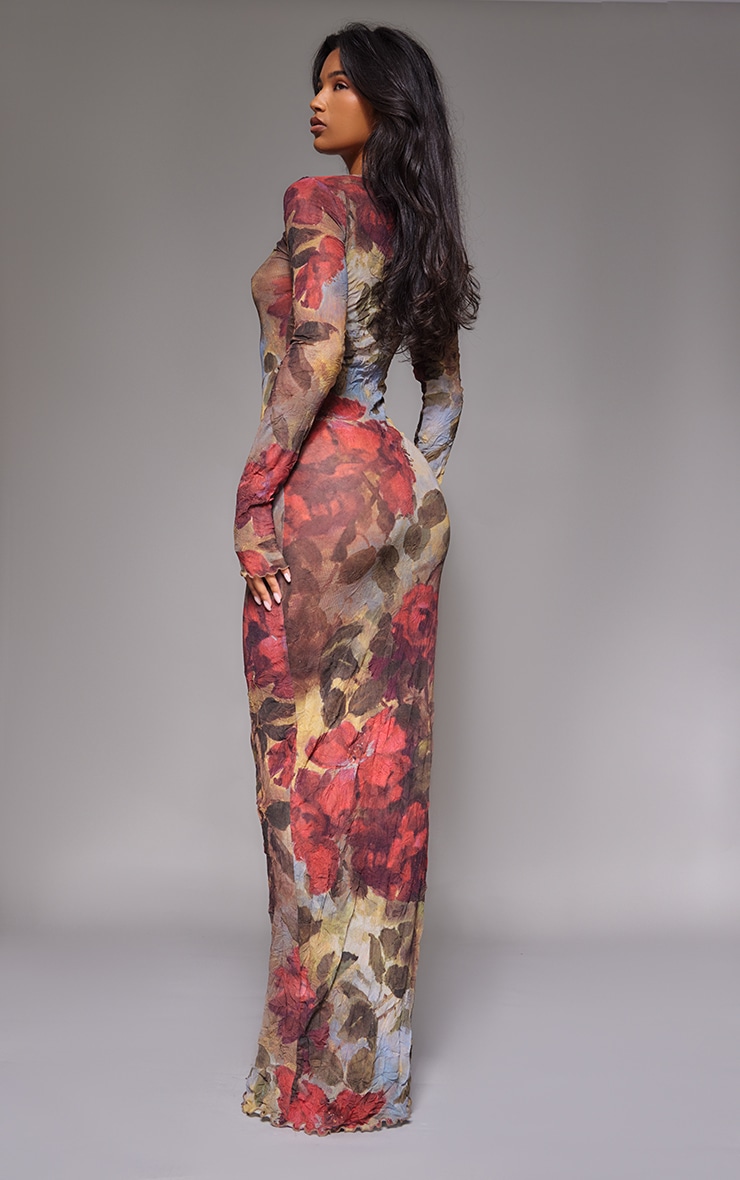 Dark Green Abstract Print Crinkle Mesh Midaxi Dress PrettyLittleThing