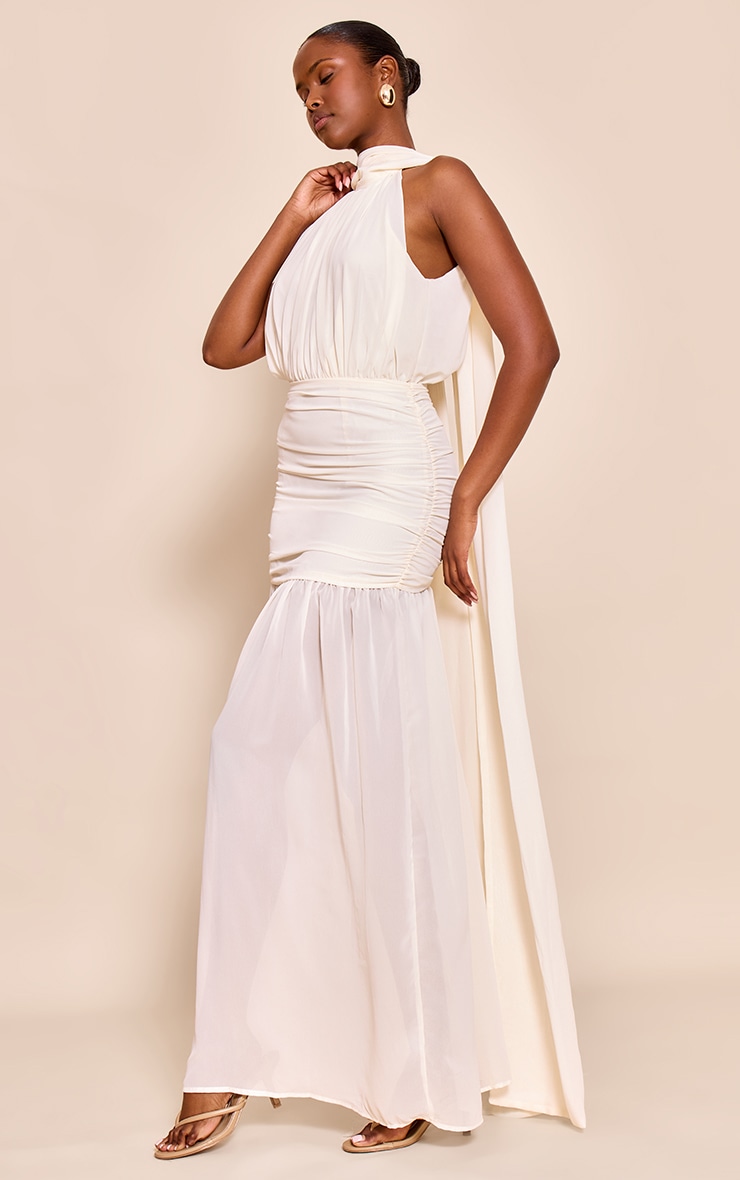 Cream High Neck Scarf Detail Ruched Maxi Dress image 3