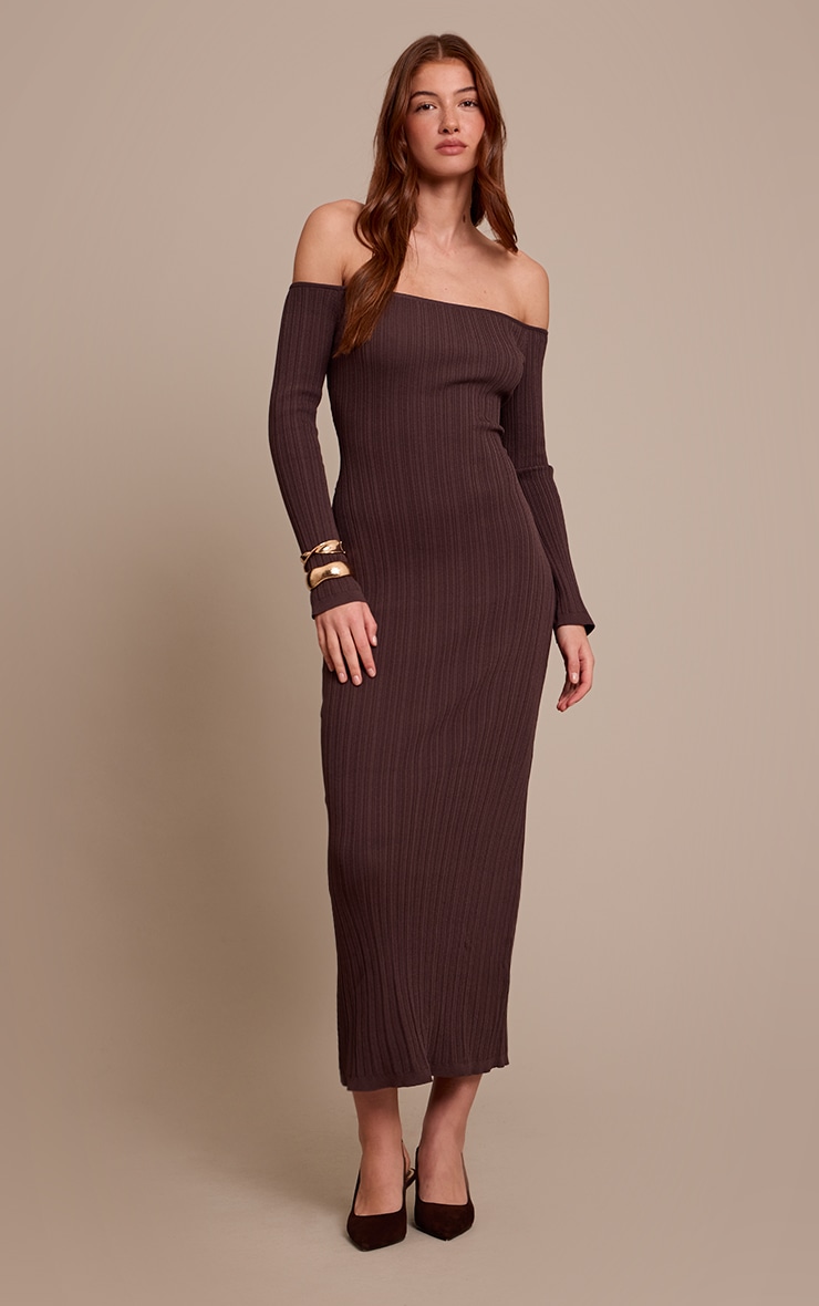 Chocolate Fine Knit Off the Shoulder Maxi Dress image 1