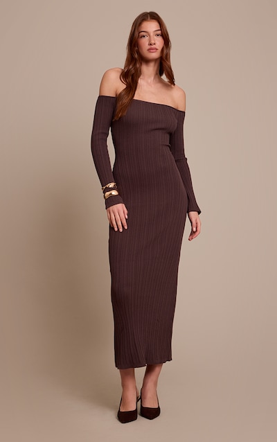 Chocolate Fine Knit Off the Shoulder Maxi Dress