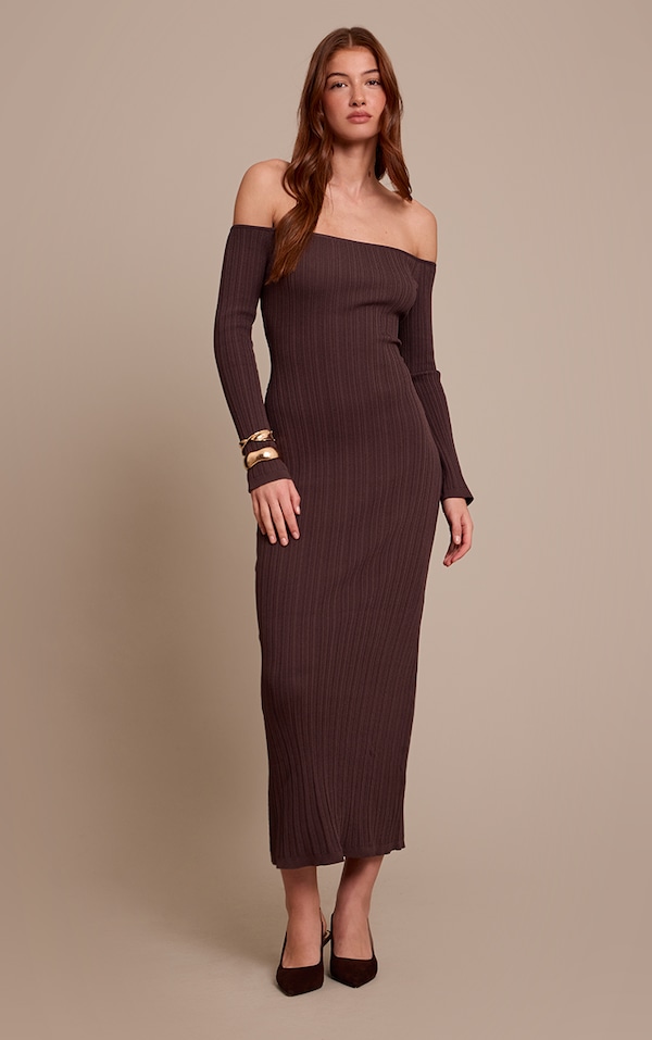 Chocolate Fine Knit Off the Shoulder Maxi Dress