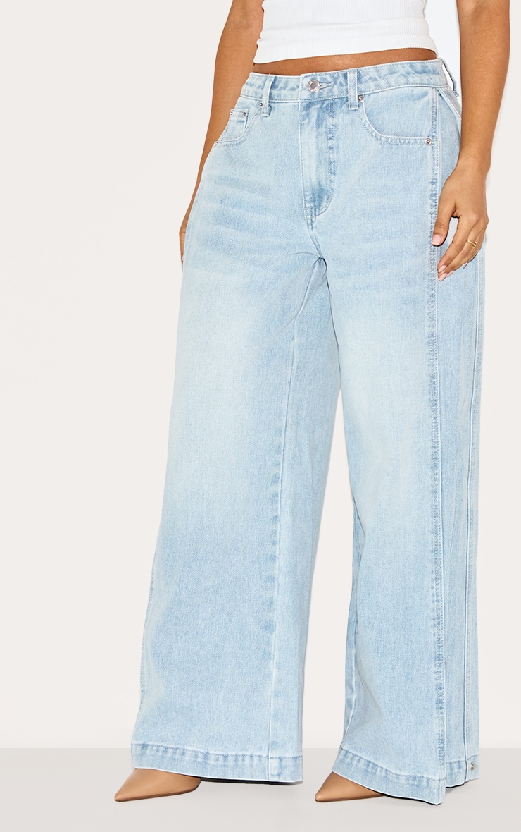 Petite Light Blue Denim Side Pleated Detail Wide Leg Jeans image 1