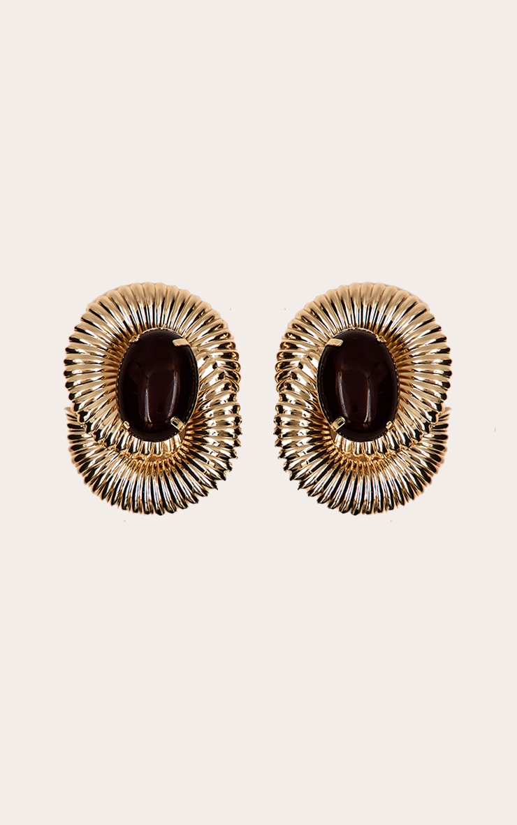 Gold Ribbed Oversized Gem Statement Stud Earrings image 2