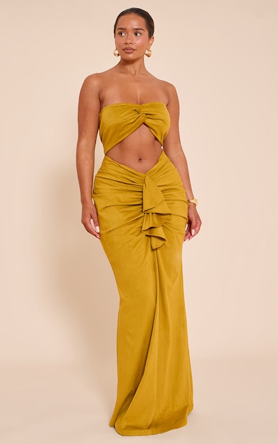 Shape Olive Faux Suede Twist Bandeau Ruched Maxi Dress