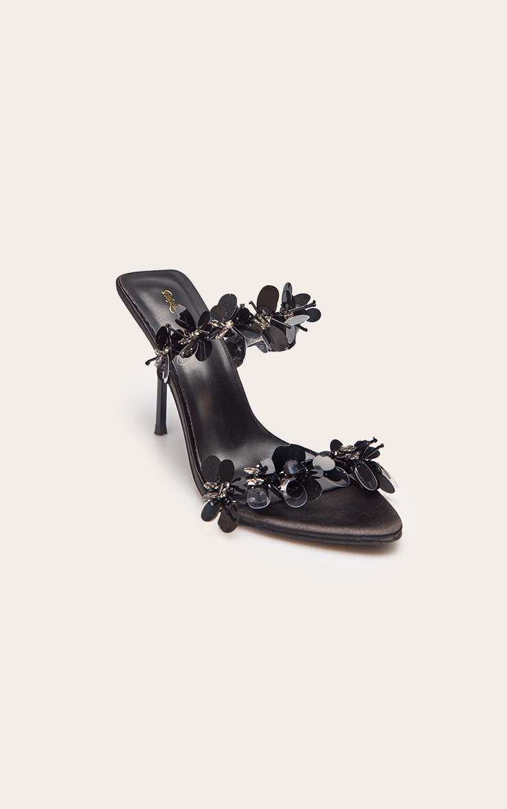 Black Sequin Flower Detail Heeled Sandals image 2