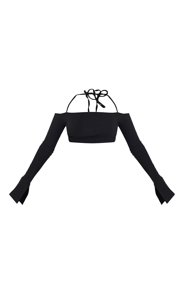 Black Stretch Woven Halterneck Bardot Crop Top image 5