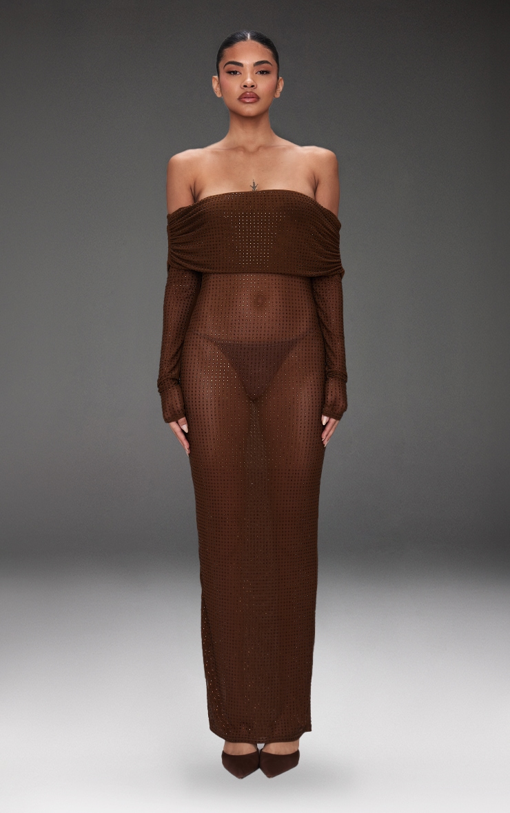 Chocolate Diamante Mesh Bardot Maxi Dress image 3