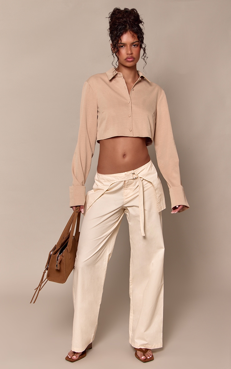 Cream Cotton Wrap Trim Wide Leg Trousers