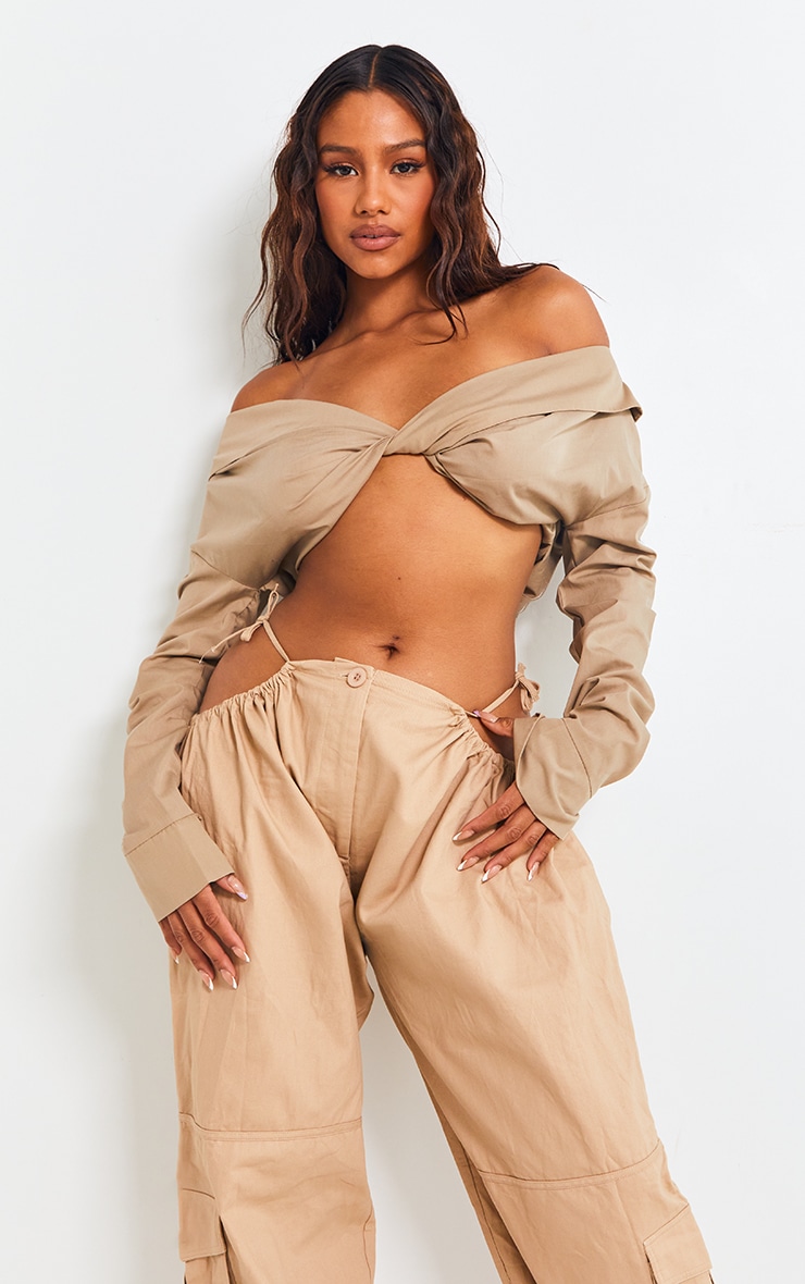 Stone Poplin Bardot Twist Front Crop Blouse image 3