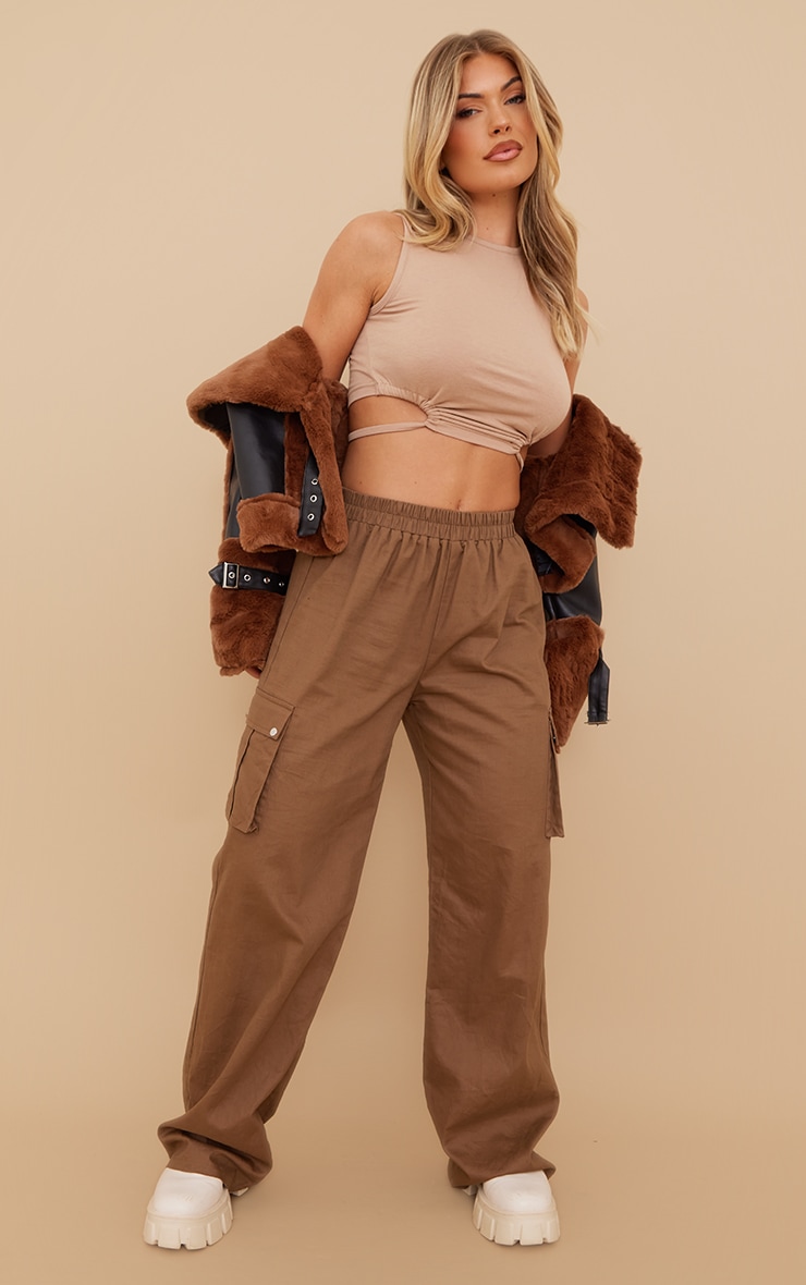 Crop top camel en jersey sans manches froncé à ourlet tombant image 3