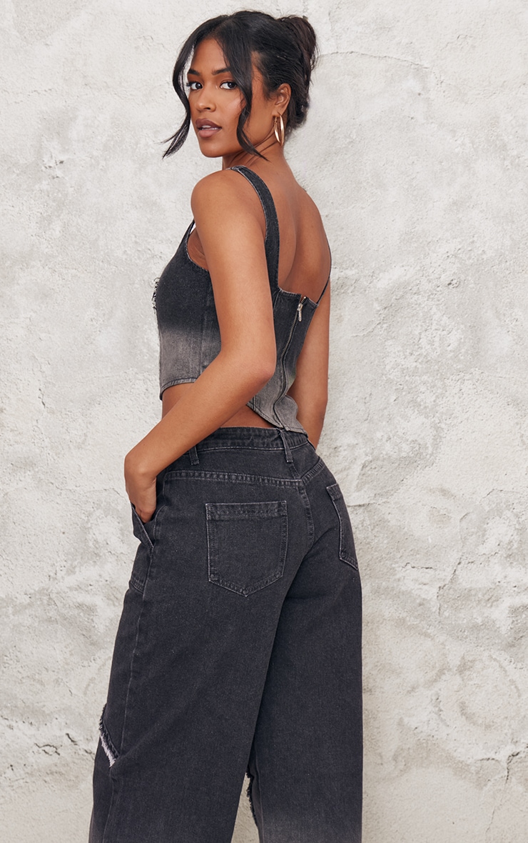 Tall Vintage Black Wash Raw Seam Detail Asymmetric Denim Corset image 2