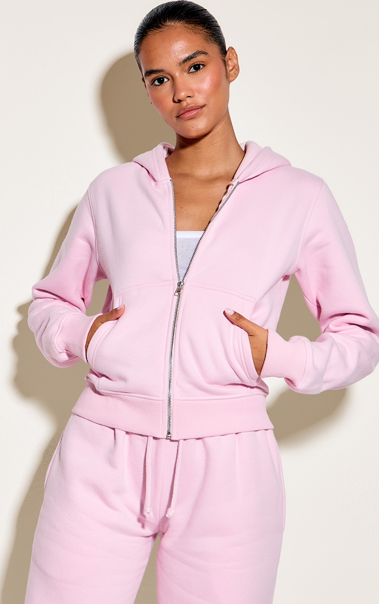 Pink Cotton Fleece Crop Zip Hoodie image 4