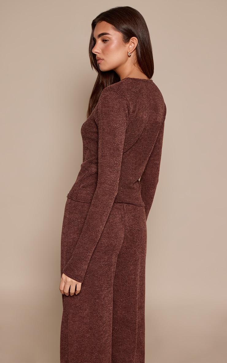 Dark Brown Marl Ribbed Shoulder Pad Long Sleeve Fitted Top image 2