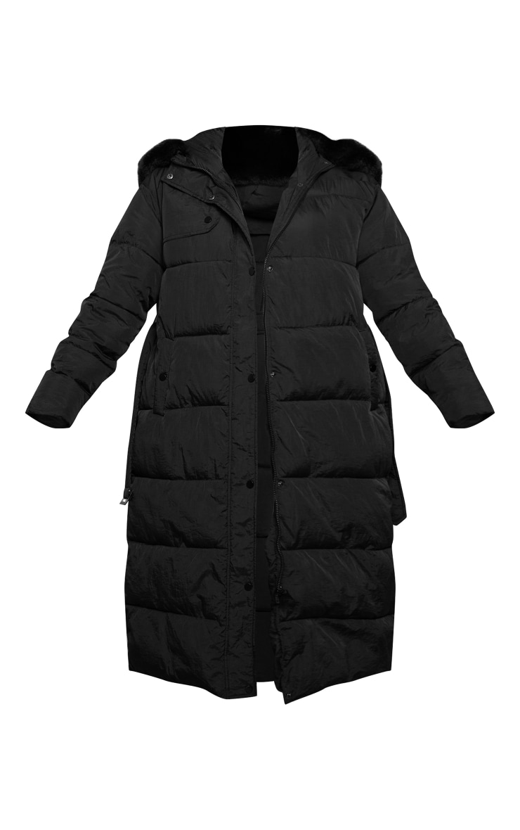 Black Belted Faux Fur Hood Maxi Puffer Coat image 5