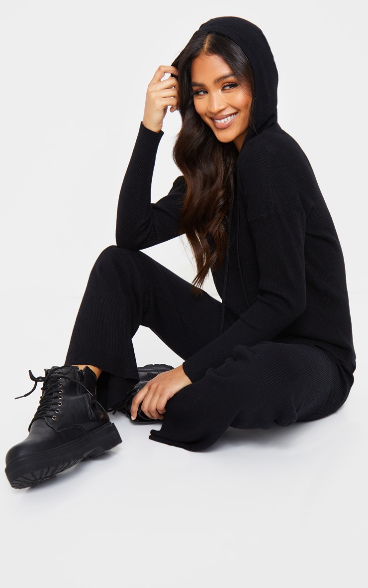 Ensemble lounge en maille noire douce deluxe côtelée à hoodie