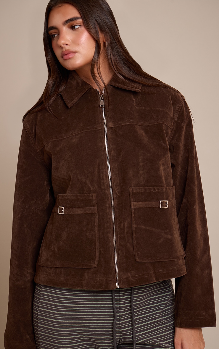 Chocolate Pocket Trim Faux Suede Jacket image 1