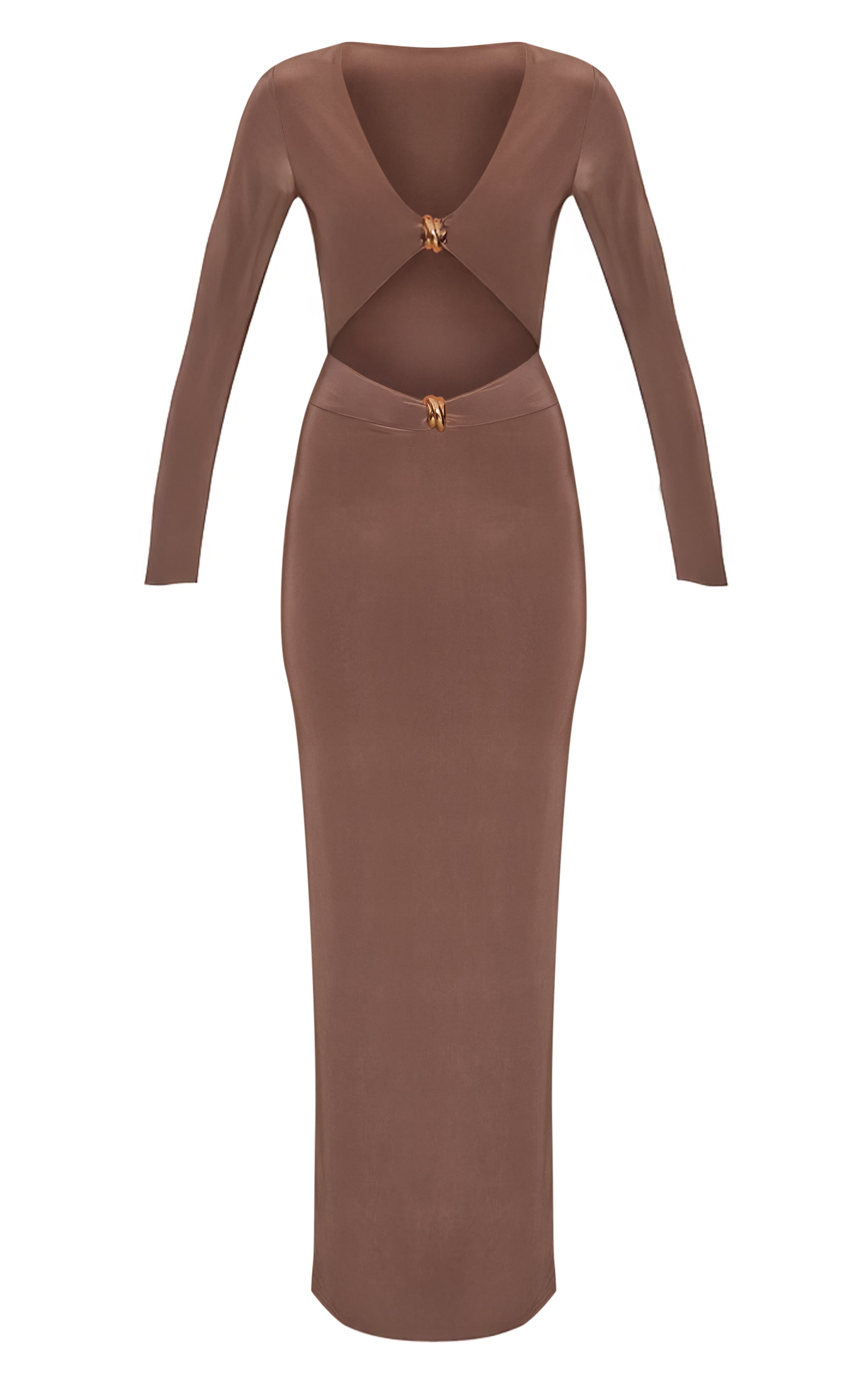 Taupe Double Layer Slinky Long Sleeve Trim Detail Cut Out Maxi Dress image 5