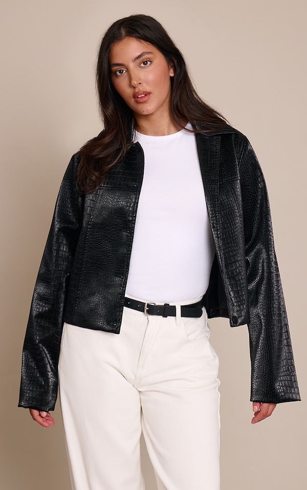 Black Faux Leather Croc Button Jacket