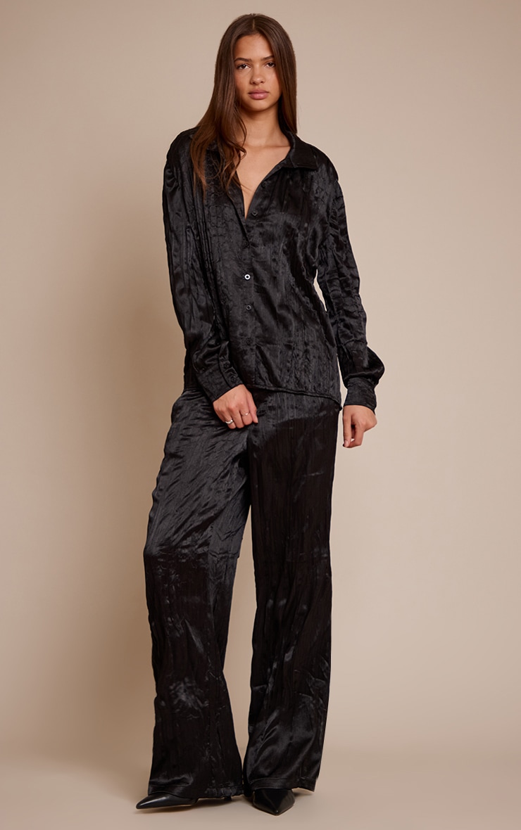 Black Textured Satin Oversized Shirt image 3