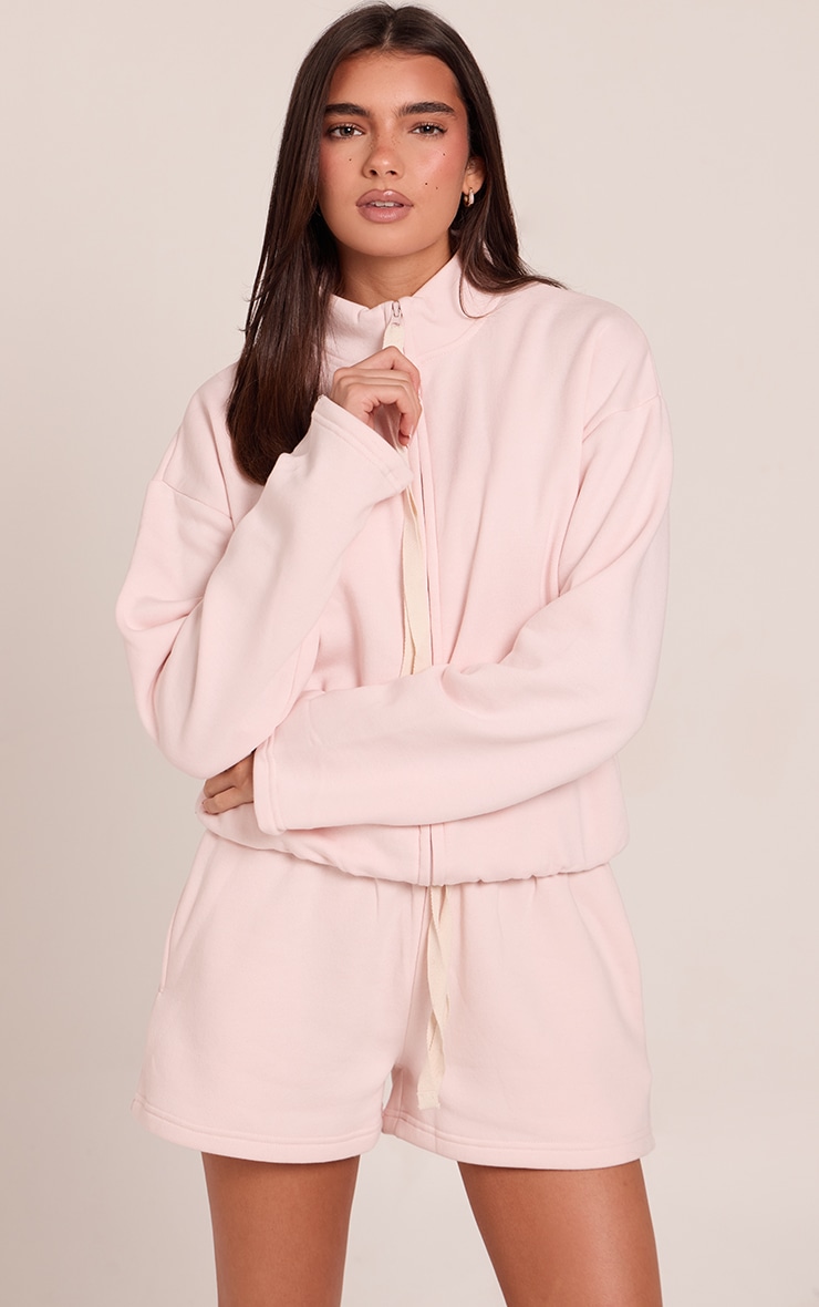 Baby Pink Contrast Drawcord Funnel Neck Sweatshirt image 1