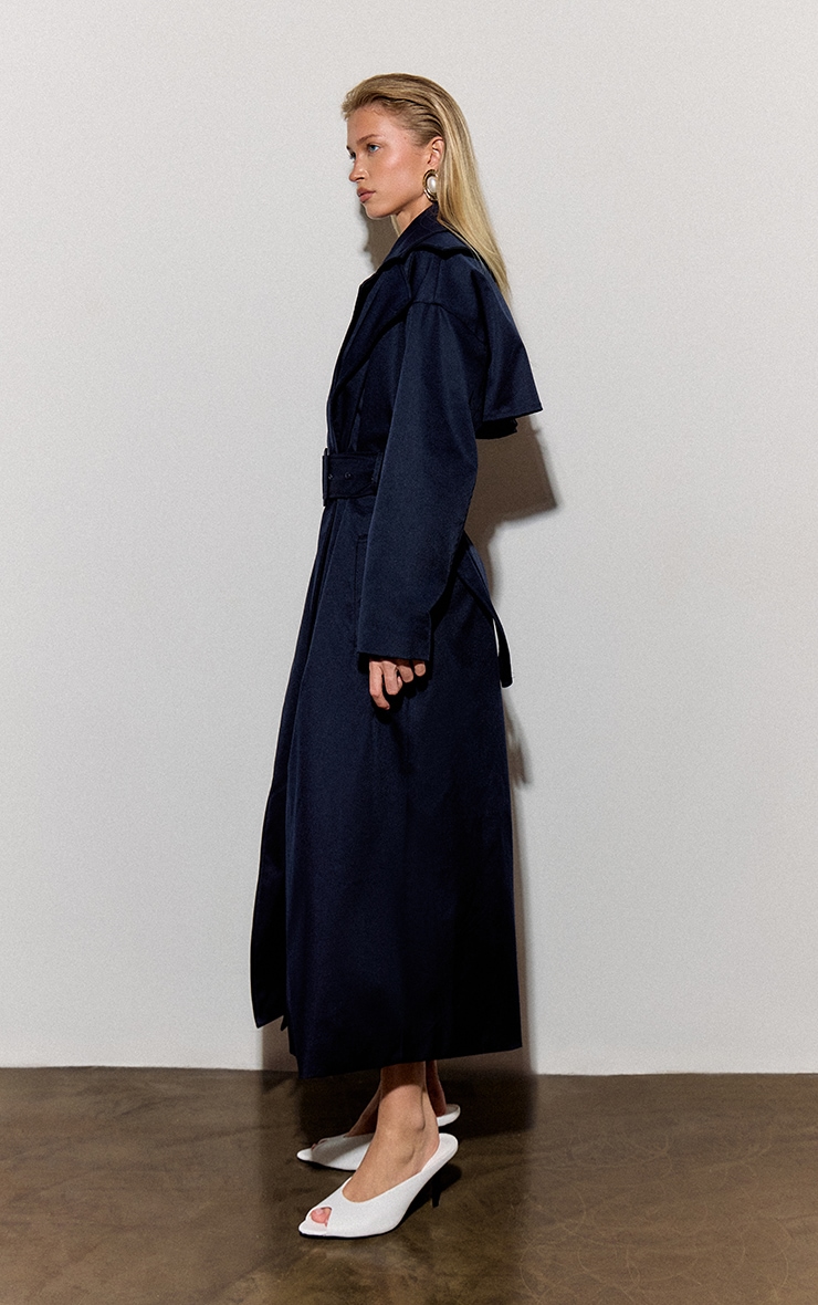 Navy Double Collar Tie Waist Trench Coat image 2