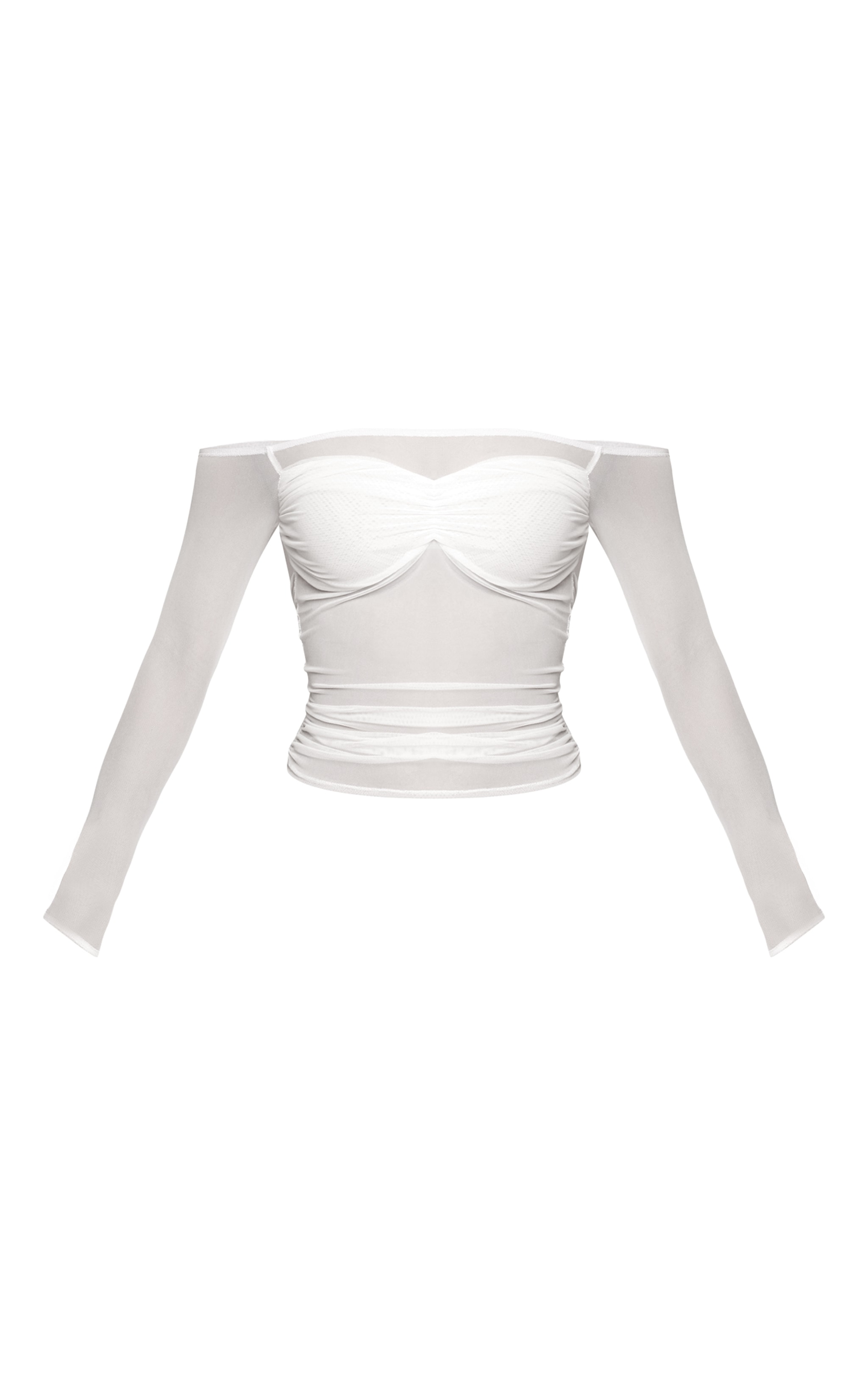 White Sheer Mesh Bust Panel Bardot Long Sleeve Top image 5