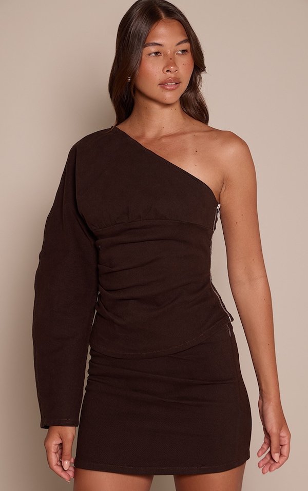 Chocolate Ruched Single Sleeve Denim Top