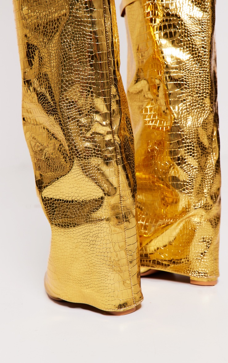 Gold Metallic Pu Fold Over Knee Block Heeled Boots | Footwear ...