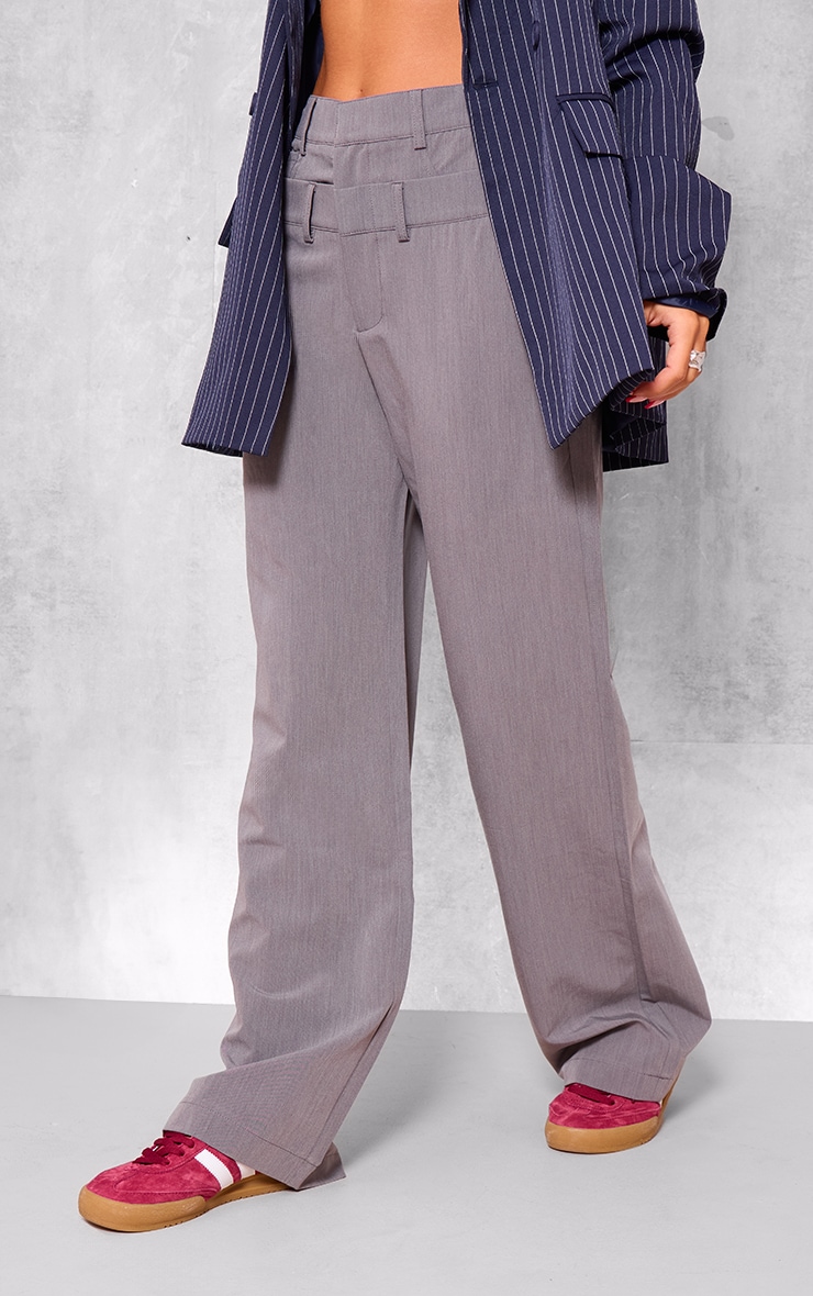 Grey Tailored Woven Double Waistband Straight Leg Trousers image 2