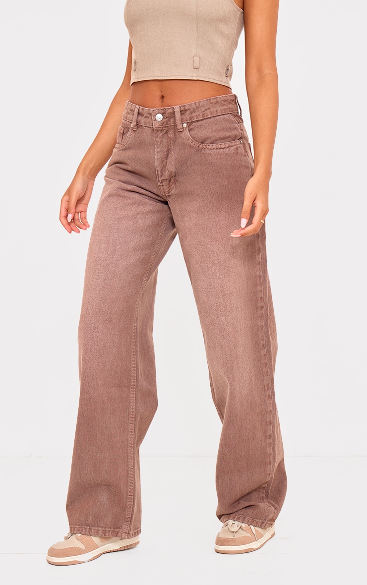 Tall Washed Brown Mid Rise Wide Leg Jeans image 1