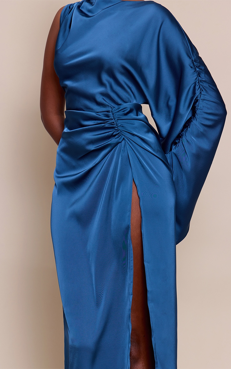 Navy Satin Asymmetric Cape Detail Maxi Dress image 4
