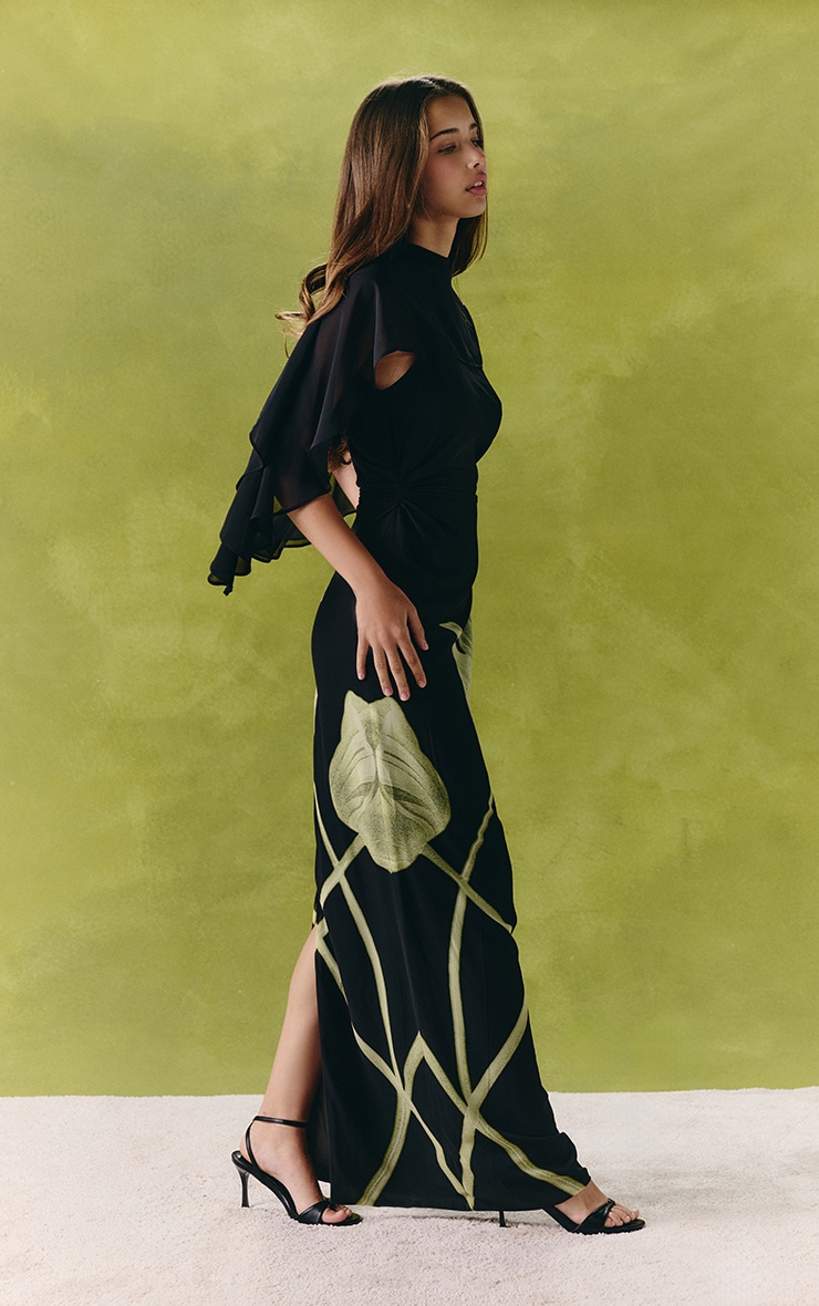 Black Floral Printed Chiffon Cape Overlay Maxi Dress image 3