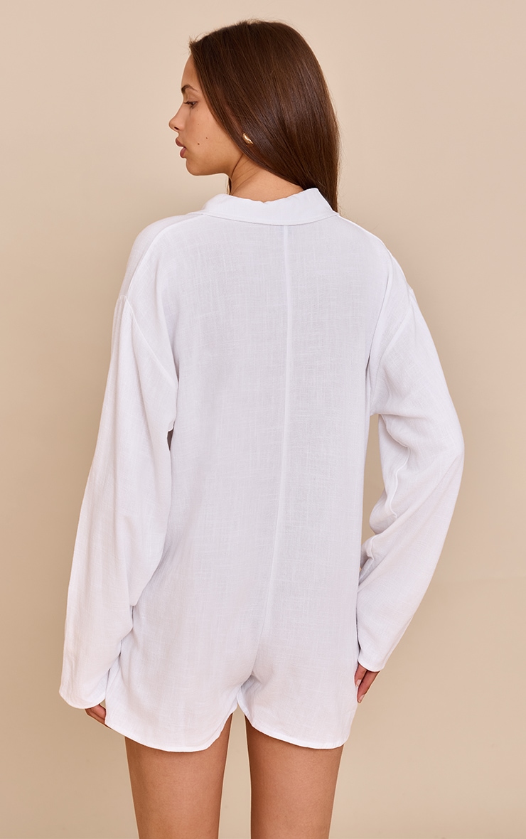 White Linen Look Floaty Shirt Detail Romper image 2