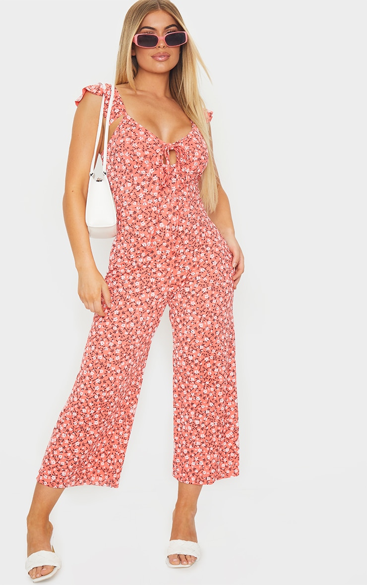 Coral Ditsy Floral Frill Shoulder Culotte Jumpsuit